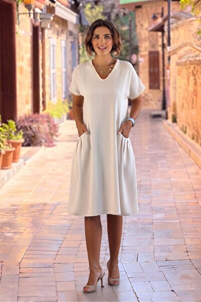 Nevin Kaya Moda Cream Color Pleated Linen Dress with Pockets