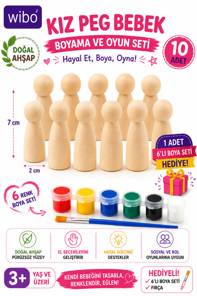 Oyuncak Fabrikası Girl Peg Doll 10 Pieces Natural Wooden Painting Figure 7 cm...