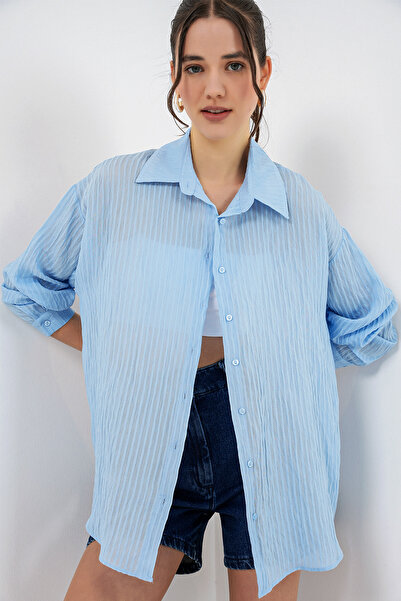 Merterium Women's Long Oversize Shirt 1032 - Blue