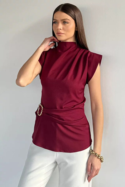 TOZLU Women's Stand Collar Blouse with Draped Waist and Shoulder Belt Detail