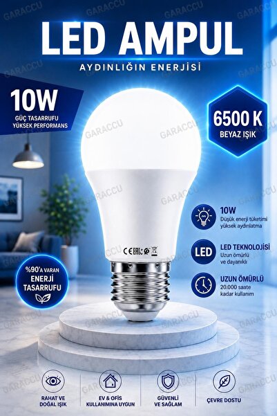 garaccu 10W Beyaz Led Ampul 6500K 810 Lümen Tasarruflu Ampül 20.000 Saat Yanma Süresi