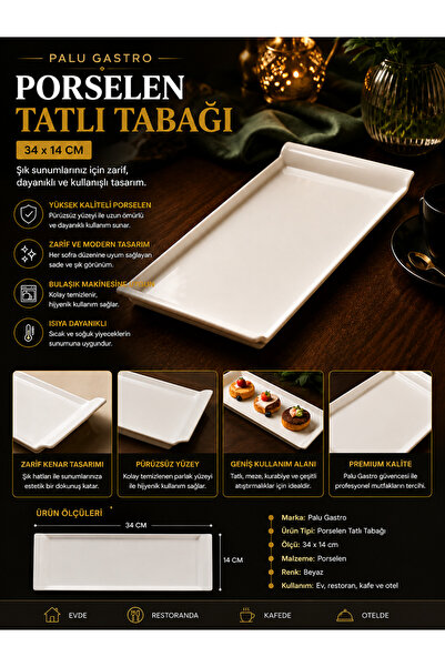 PALU GASTRO 34X14 cm Porcelain Dessert and Presentation Plate Rectangular White