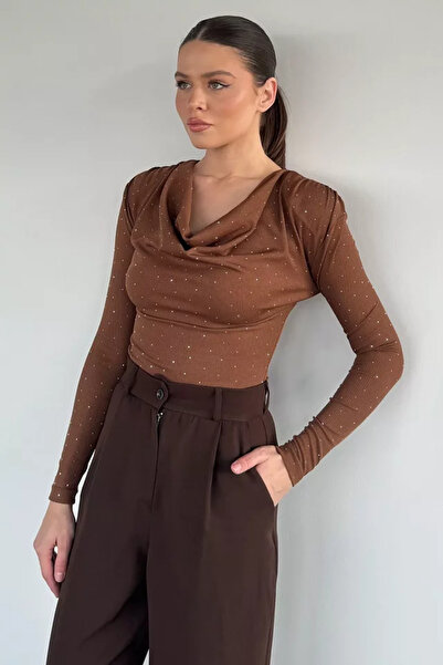 TOZLU Shoulder Padded Collar Blouse with Stones