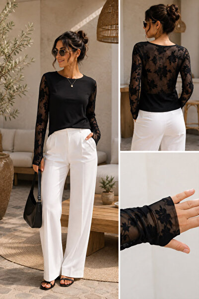 FH Living Çiçek Desenli Transparan Tül Kollu ve Sırt Detaylı Bluz