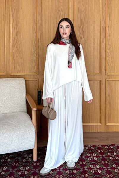 Ceylan Otantik Ecru Viscose Basic Bodysuit & Ecru Viscose Flowy Pants