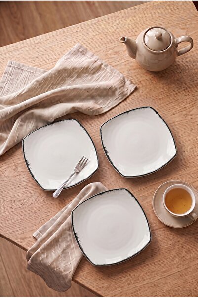 h homerest Pasta Tabağı 3'lü Set Kare Siyah Kenarlı Beyaz Tatlı İkramı Çay Sa...