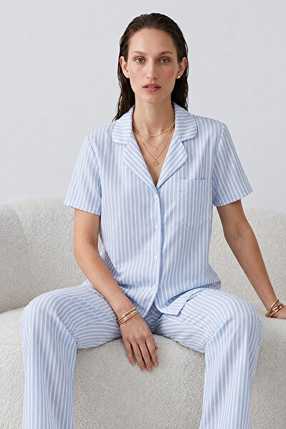 FİT WOMEN Regular V-Neck Casual Blue Pajama Set