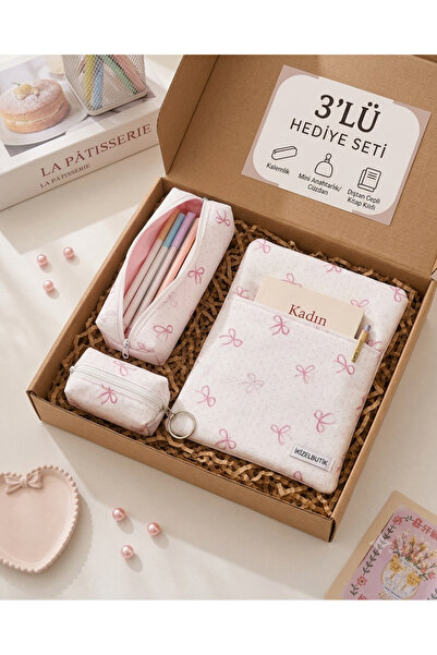 ikizelbutik Pink Bow Patterned Gift Set of 3 - Puff Fiber Filled Book Cover, ...