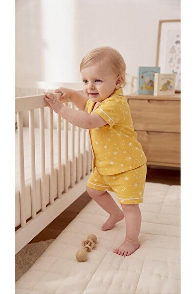 Sinem Çeyiz Dlş 6141 Boy's 100% Cotton Yellow Star Buttoned Shorts Pajama Set