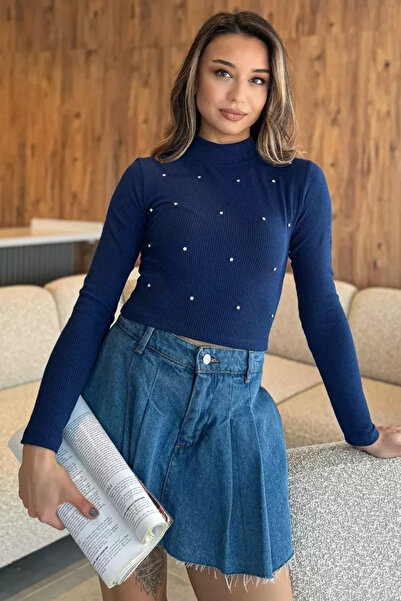 TOZLU Bluză crop top cu guler pe gât, cu aplicații de piatră (potrivită pentr...