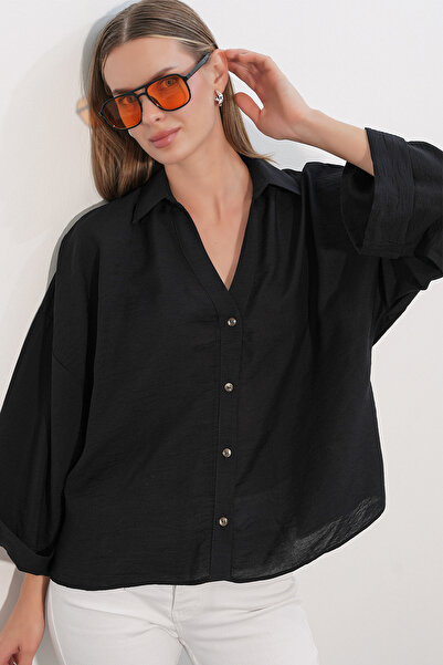 Merterium Women's Wide Sleeve Oversize Shirt 1558 - Black