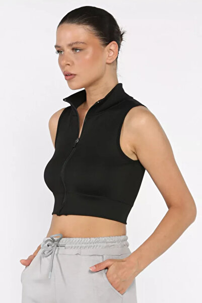 TOZLU Women's Front Zipper Lycra Crop Top Blouse