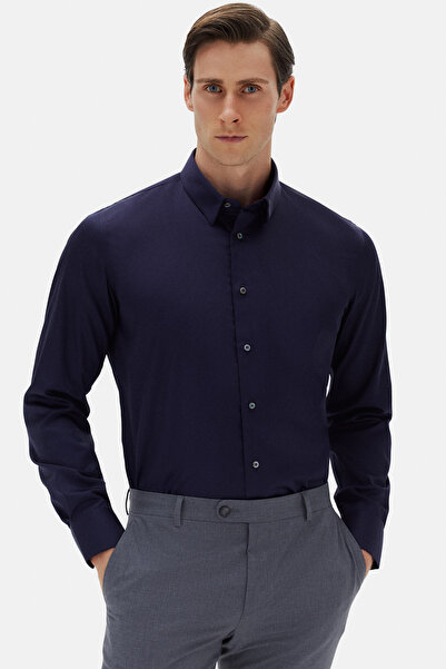 Damat Slim Fit Lacivert Saten Non-Iron Gömlek