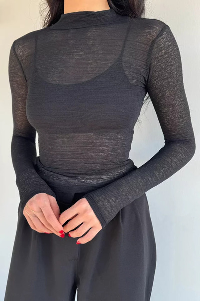 TOZLU Women's High Neck Lycra Transparent Blouse