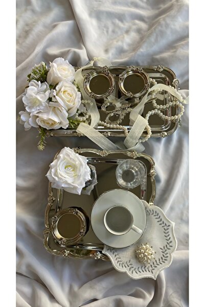 Z&B FLOWERS Ayaklı Nişan Tepsisi Söz Tepsisi Damat Fincan Seti Kahve Fincanı