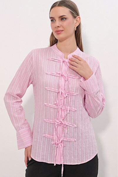 Merterium Women's Front Tie Striped Shirt 1561 - Pink