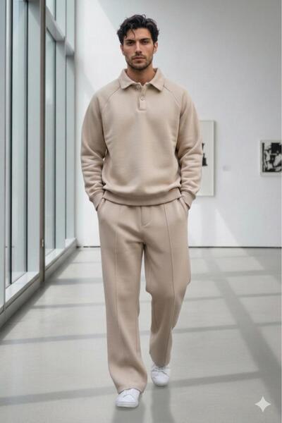 CAST COLLECTİON Erkek Bej Roberto Düğmeli Sweat Alt-Üst Takım
