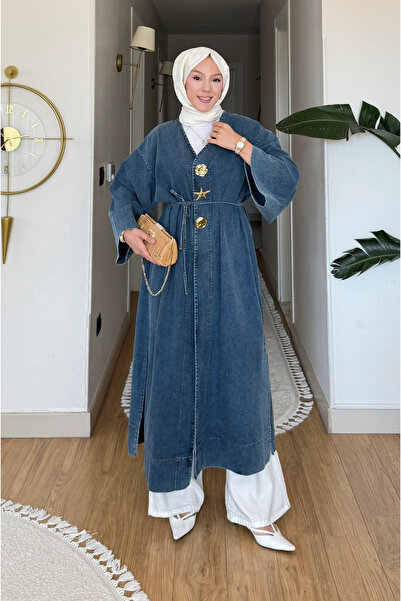 Moda Misali Kuşaklı Oversize Denim Kimono Broş Detaylı