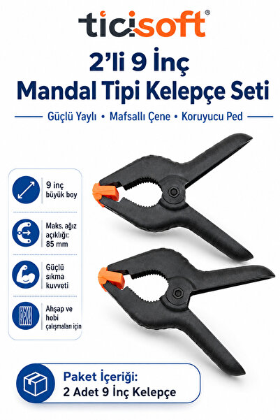 Ticisoft 2 Adet 9 İnç Mandal Tipi Plastik Kelepçe Seti Güçlü Yaylı Mafsallı Ç...