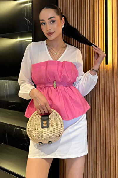 TOZLU V-Neck Garnished Buckle Women's Blouse