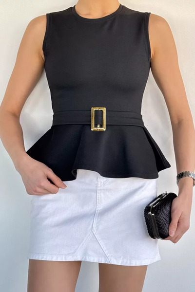 TOZLU Women's Belt Detailed Gold Buckle Volan Blouse