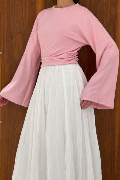 fayaboutique.com Pink Waist Detailed Wide Sleeve Blouse