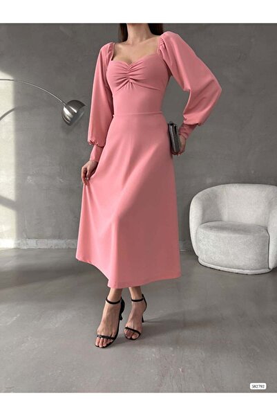 Modafeminen Powder Heart Collar Gathered Bust Balloon Sleeve Midi Dress 582792