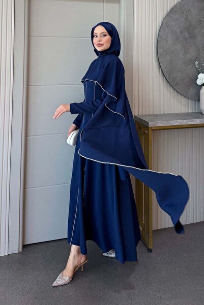 Hazamoda Chain Detailed Cape Dress Navy Blue