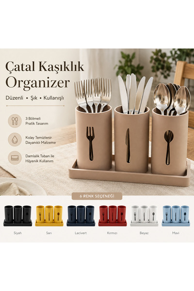 MYE TEKNOLOJİ 3-Compartment Cutlery Organizer, Cutlery Organizer with Stand a...