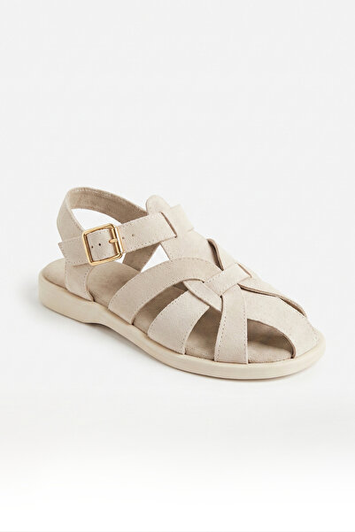 Ekonomik Ayakkabı Women's Nubuck Ecru Sandals with Buckle and Cross Straps, C...