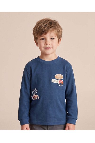 REDTAG Boys Navy Printed Patchwork Long Sleeve T-Shirt