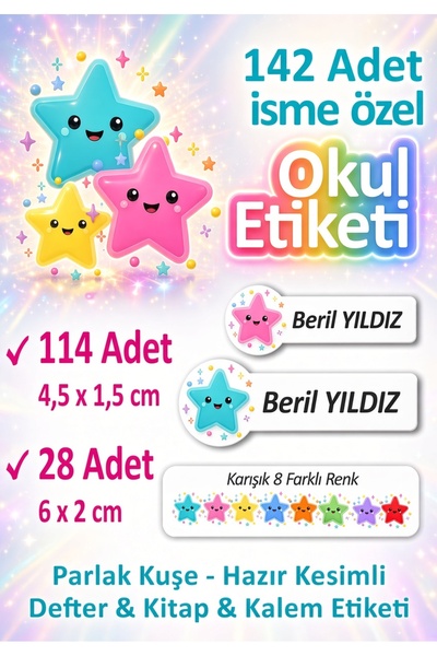 fırsatlar diyarı Okul Etiketi Renkli Yıldız Temalı - Kişiye Özel isim Yazdırı...