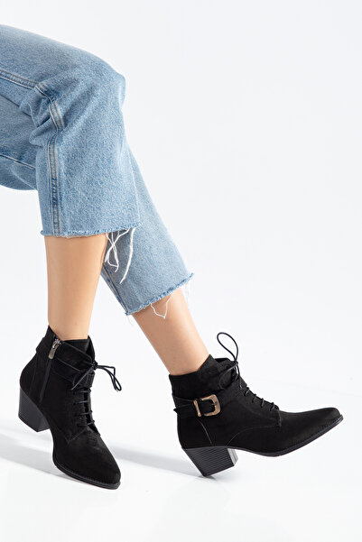 MS SUGAR SHOES Women's Suede Look Lace-Up Buckle Zipper Thick Heeled Western ...