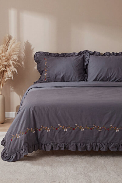 Rivaİstanbul Anthracite Garbera 100% Cotton Embroidered Duvet Cover Set - 4 P...