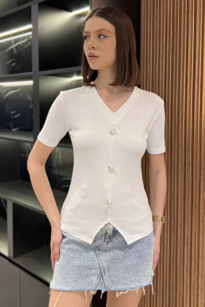 TOZLU Women's Pearl Button Detailed Lycra Blouse