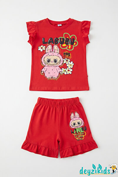 Papatyalı Labubu Baskılı Kısa Kollu Esnek Kumaş Yuvarlak Bisiklet Yaka T-shirt Beli Lastikli Short Alt Üst Takım 4-5-6-7-8-9-10 Yaş