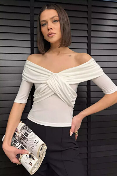 TOZLU Madonna Collar Draped Women's Crop Blouse