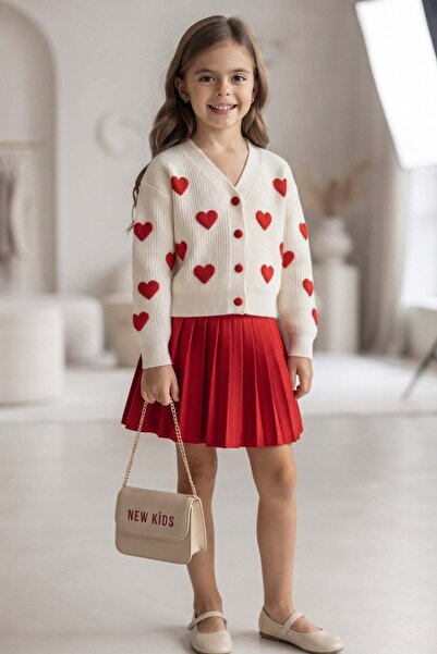 NEWKİDS Girl's Suit with Skirt and Cardigan, Long Sleeve, Heart-Patterned Ski...