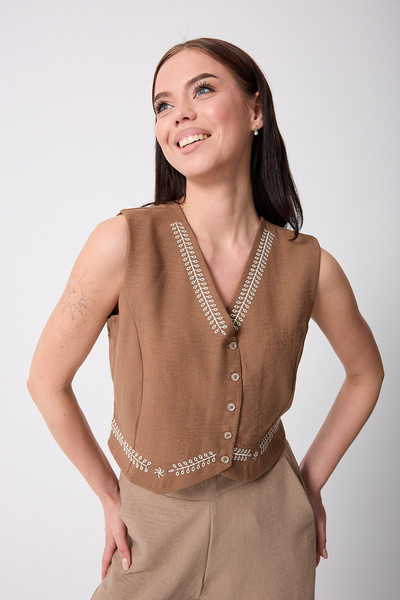 urban wear URBAN KADIN AÇIK KAHVE Müslin Keten Nakışlı Yelek - 2523