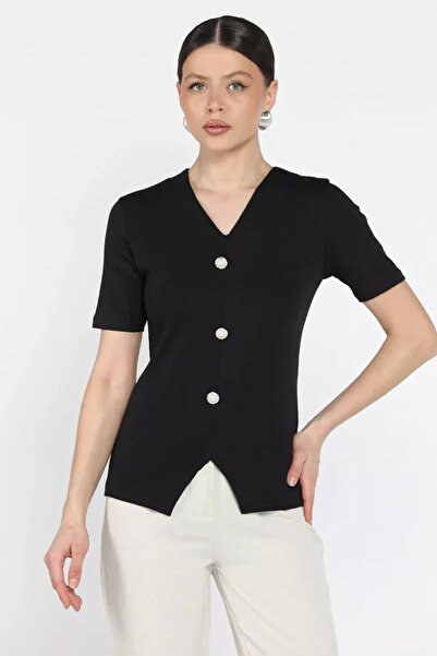 TOZLU Women's Pearl Button Detailed Lycra Blouse