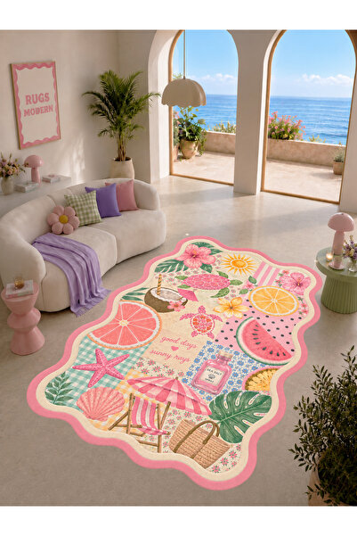 Rugs Modern Halı AURA Pembe Yaz Kolaj Desenli Modern Dokuma Taban Dekoratif H...