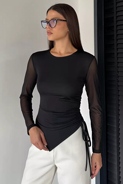 TOZLU Women's Tulle Lycra Blouse with Side Gathered Detail on the Sleeves