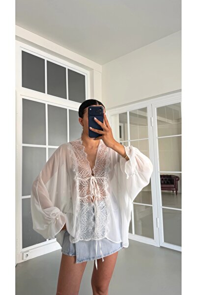 manana fashion Dantel Detaylı Asimetrik Kesim Şifon Kimono
