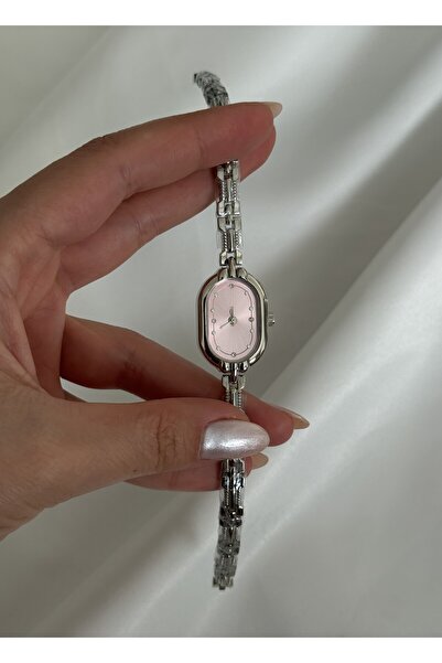 Kadın Gümüş Pembe Oval Kadranlı Taş Detaylı Çelik Kordon Analog Quartz Kol Saati