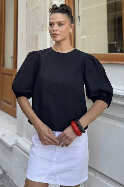 TOZLU Women's Back Tie Detailed Blouse with Elastic Sleeves