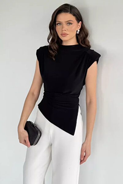 TOZLU Women's Shoulder Padded Draped Asymmetrical Cut Blouse