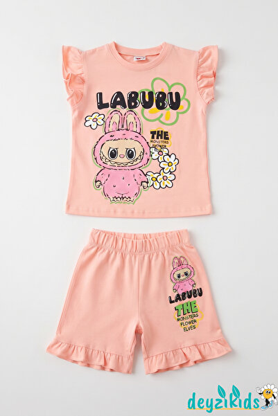 Papatyalı Labubu Baskılı Kısa Kollu Esnek Kumaş Yuvarlak Bisiklet Yaka T-shirt Beli Lastikli Short Alt Üst Takım 4-5-6-7-8-9-10 Yaş