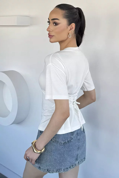 TOZLU Women's Crew Neck Blouse with Waist Tie Detail