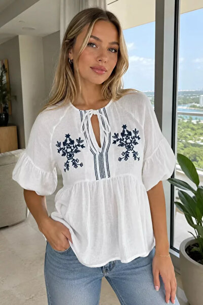 TOZLU Women's Muslin Fabric Embroidered Blouse