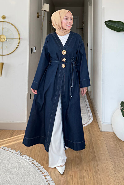 Tesettür Diyarı Denov Gold Button Detailed Denim Hijab Cap - Navy Blue
